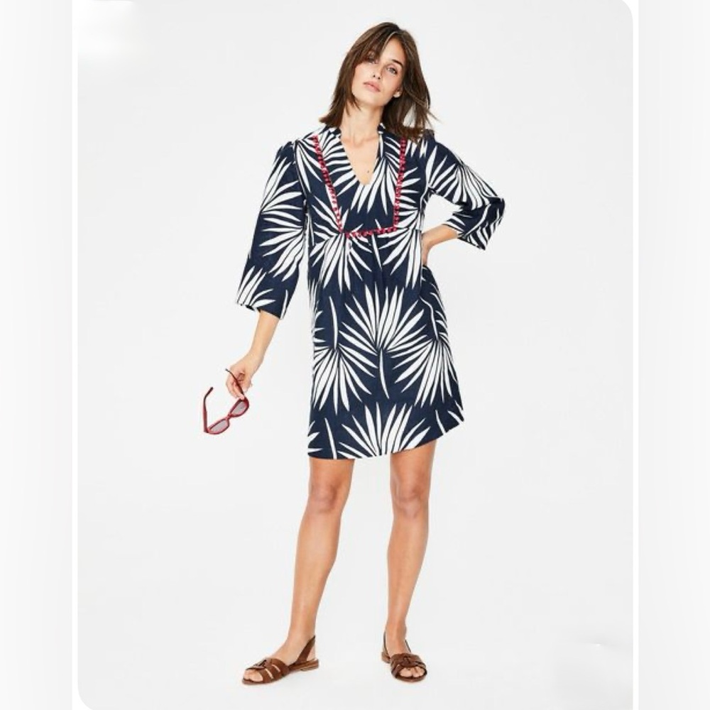 Boden Evangeline Linen Tunic Dress Navy and White Palm Print Red Pom Pom Trim 6P